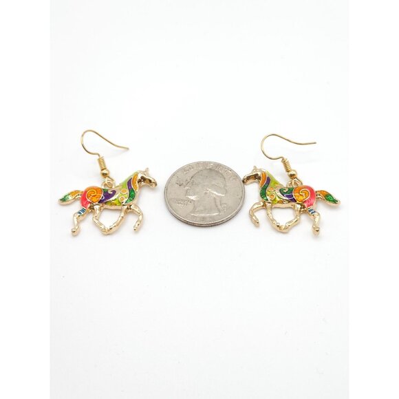 Gold-Tone Horse Earrings with Colorful Enamel Swirl Design Dangle Style Lightwei - Picture 2 of 12